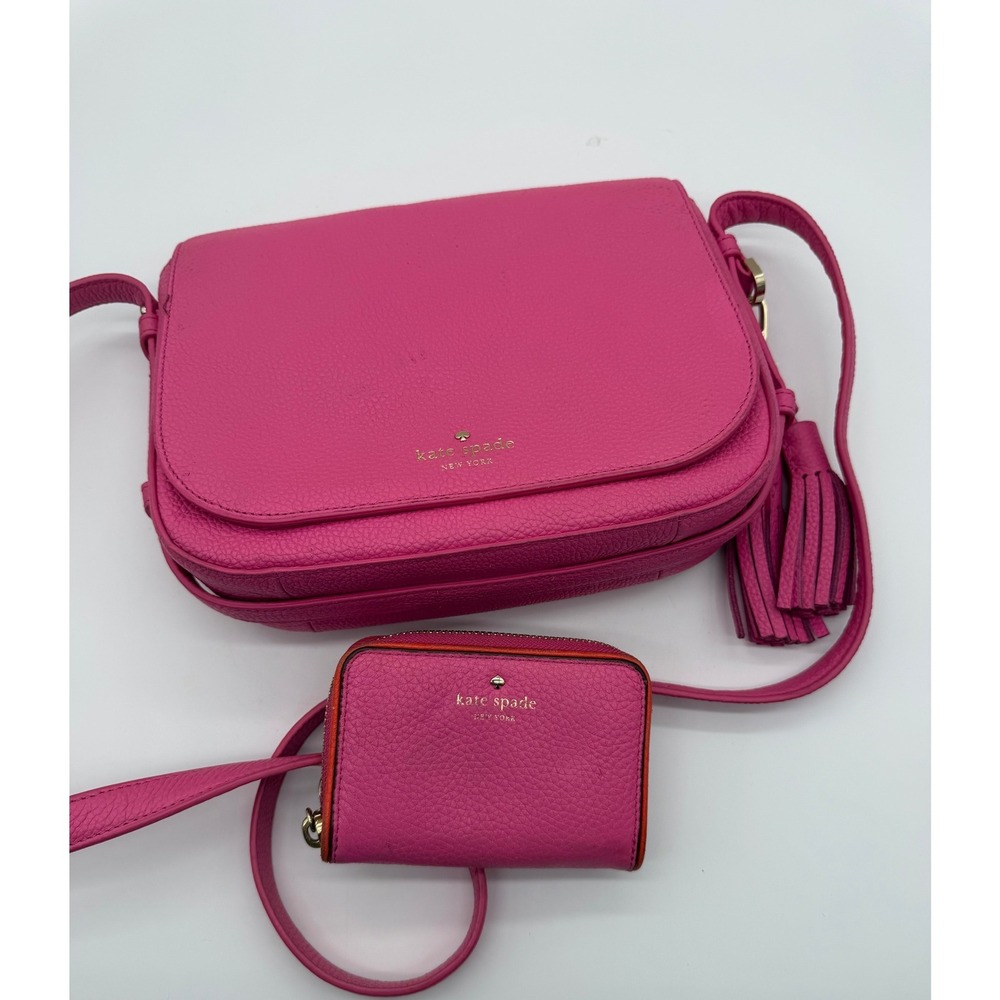 Kate Spade Pink Pebbled Leather Tassel Crossbody Bag and Matching Wallet Set